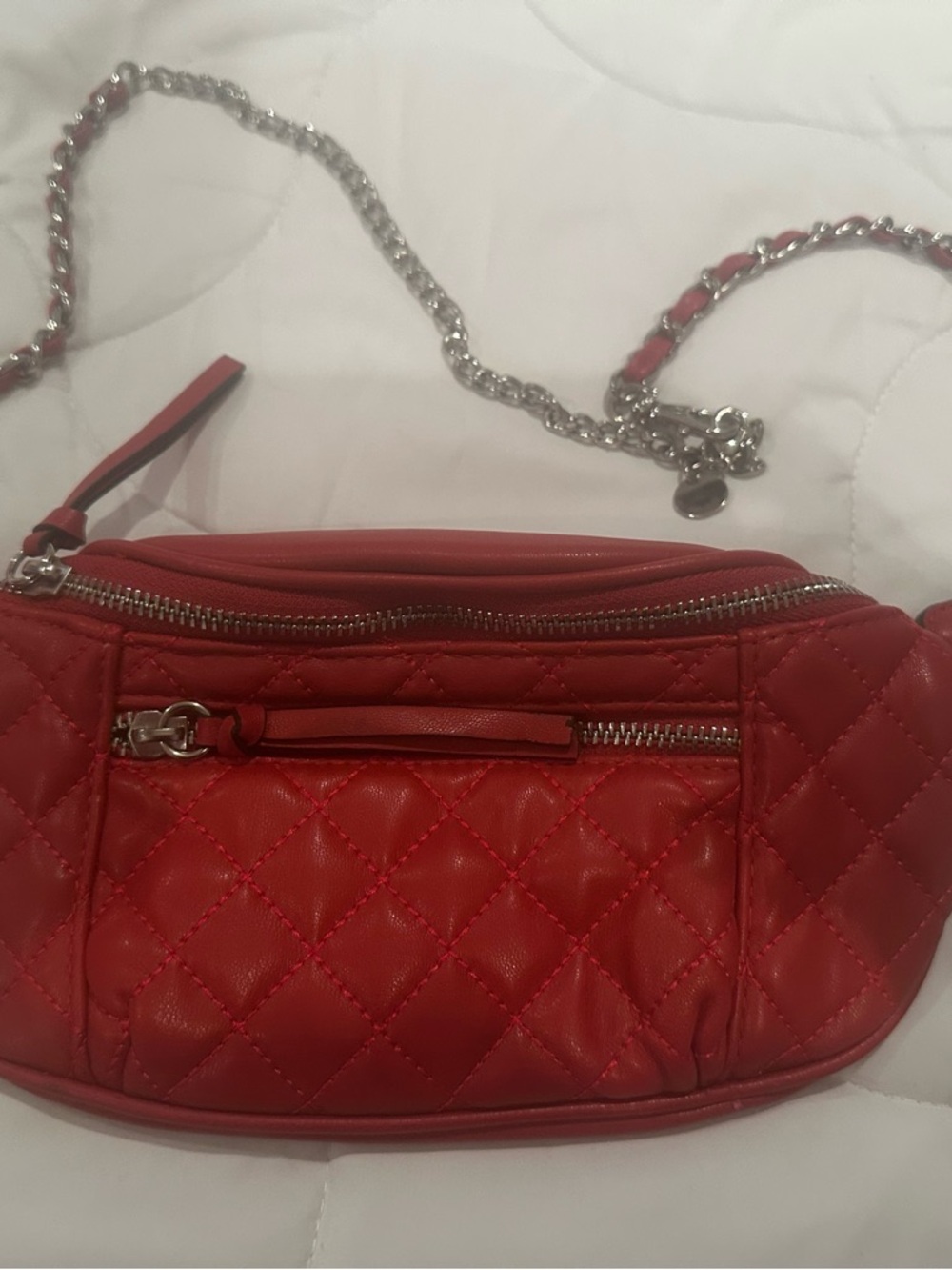 Express Quilted Red Crossbody Belt Bag with Chain Strap